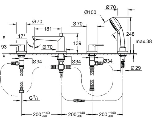 Technický nákres vaňovej batérie s ručnou sprchou a rozmermi