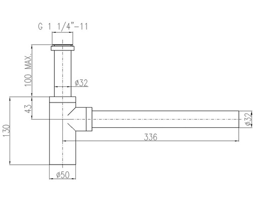 Technický nákres sifónu s rozmermi