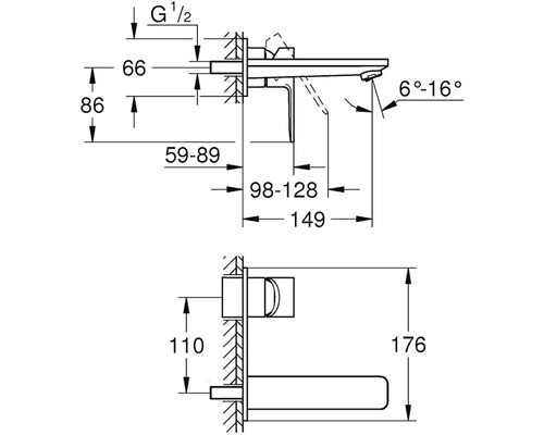 Technický nákres nástennej armatúry s rozmermi