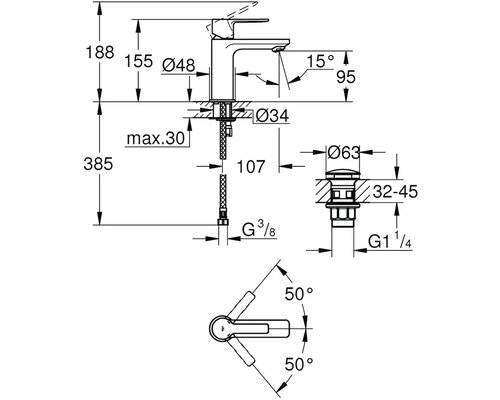 Technický nákres vodovodnej batérie s rozmermi