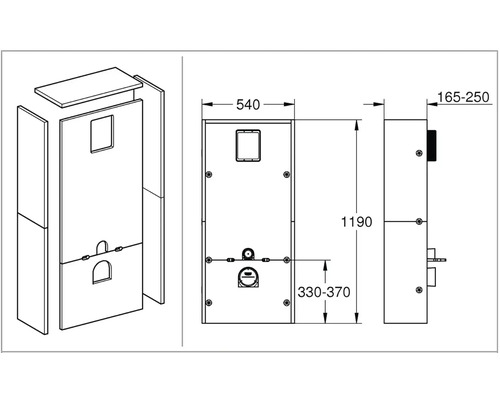 Technický nákres toaletného modulu s rozmermi 1190 x 540 x 165-250 milimetrov.