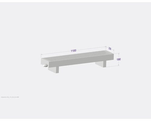 Sprchový žľab s rozmermi 1100 x 230 x 190 milimetrov.