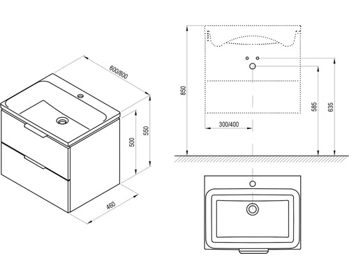 Technický výkres skrinky pod umývadlo s rozmermi