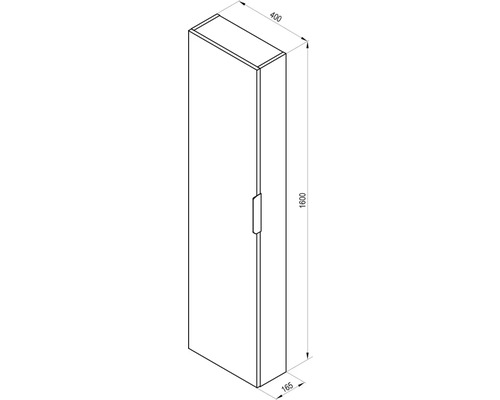 Nákres vysokej skrine s rozmermi 1600 x 400 x 165 milimetrov