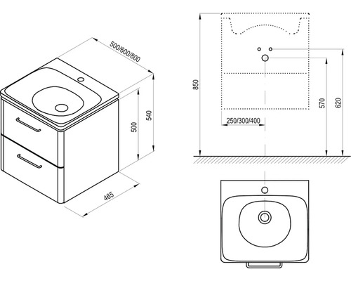 Technický nákres skrinky pod umývadlo s rozmermi