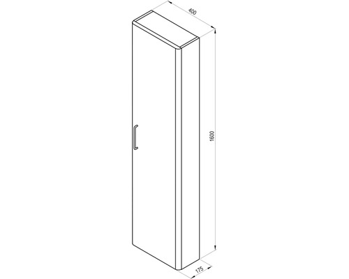 Technický nákres kúpeľňovej vysokej skrinky s rozmermi 1600 x 400 x 175 milimetrov.
