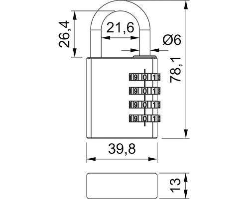 Technický nákres číselného zámku s rozmermi 78,1 x 39,8 x 13 milimetrov
