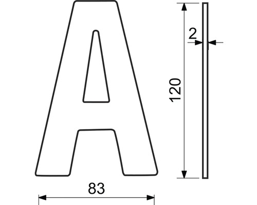 Technický nákres písmena A s rozmermi.