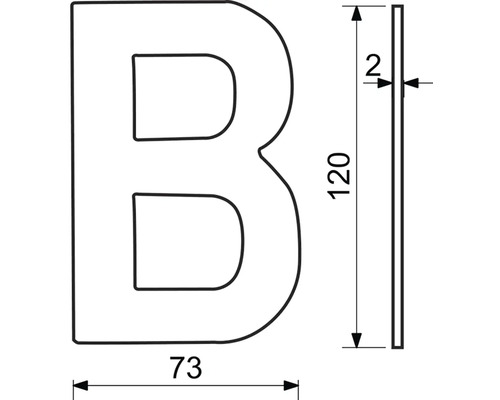 Technický nákres písmena B s rozmermi 120, 73 a 2.