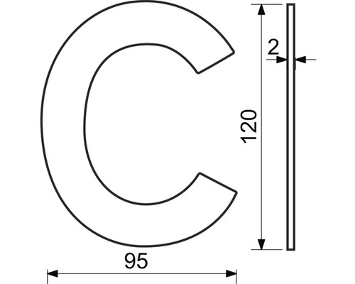 Technický nákres Písmeno C, výška 120 mm, šírka 95 mm, hrúbka 2 mm