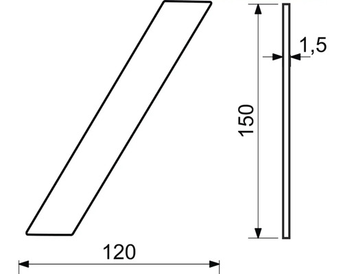 Technický nákres lišty s rozmermi 120, 150 a 1,5