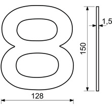 Obrázok rozmerov domového čísla 8: výška 150 mm, šírka 128 mm, hrúbka 1,5 mm