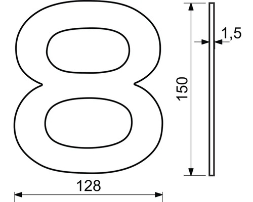 Obrázok rozmerov domového čísla 8: výška 150 mm, šírka 128 mm, hrúbka 1,5 mm