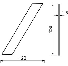 Technický nákres lišty s rozmermi 120 x 150 x 1,5 milimetrov.