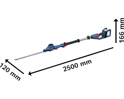 Obrázok nožníc na živý plot s rozmermi 2500 mm dĺžka, 120 mm šírka a 166 mm výška.