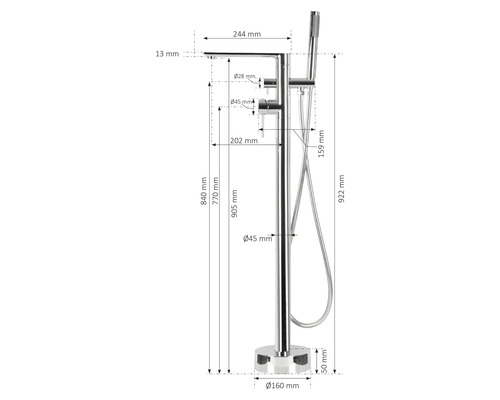 Rozmerový nákres voľne stojacej vaňovej batérie s ručnou sprchou s rozmermi 922 mm výška, 244 mm vyloženie a 160 mm priemer základne.