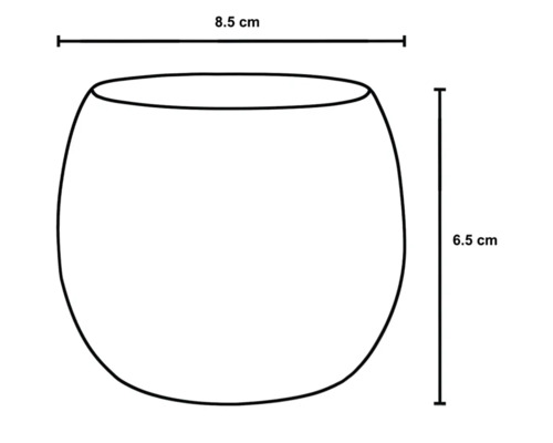 Nákres nádoby s rozmermi 8,5 cm šírka a 6,5 cm výška