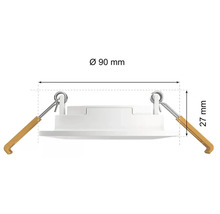 Vstavané bodové svietidlo s rozmermi 90 mm v priemere a 27 mm na výšku