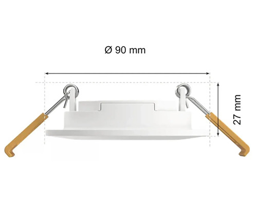 Vstavané bodové svietidlo s rozmermi 90 mm v priemere a 27 mm na výšku