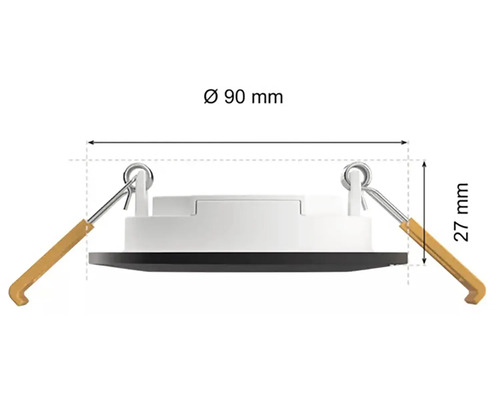 Vstavané bodové svietidlo s priemerom 90 milimetrov a výškou 27 milimetrov.