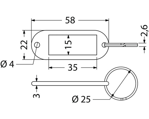 Technický výkres kľúčenky s rozmermi 58 x 22 milimetrov