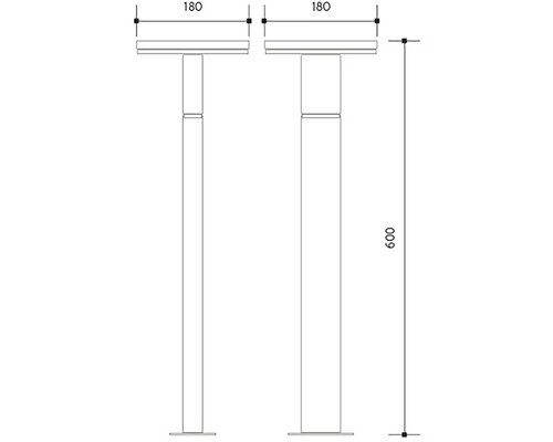 Technický nákres dvoch stĺpových svietidiel s rozmermi 180 a 600 milimetrov