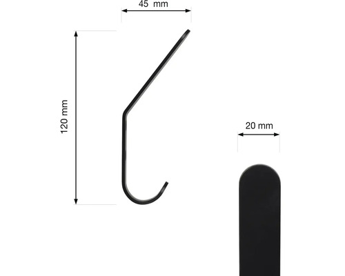 Nástenný hák s rozmermi: výška 120 mm, hĺbka 45 mm, šírka 20 mm