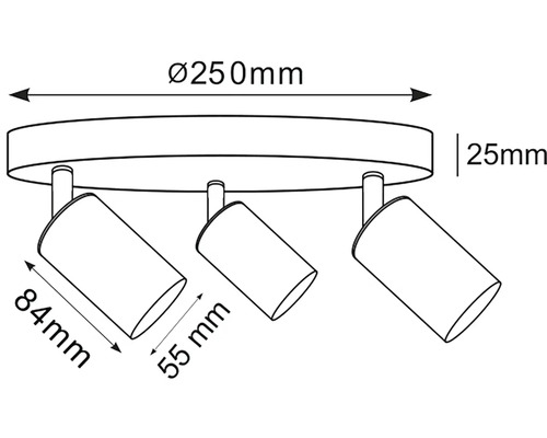 Technický nákres stropného svietidla s tromi reflektormi a rozmermi 250 mm priemer, 25 mm výška, 84 mm dĺžka a 55 mm šírka.