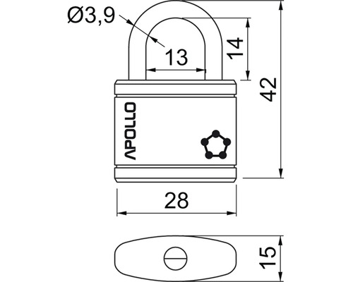 Technický nákres visiaceho zámku Apollo s rozmermi