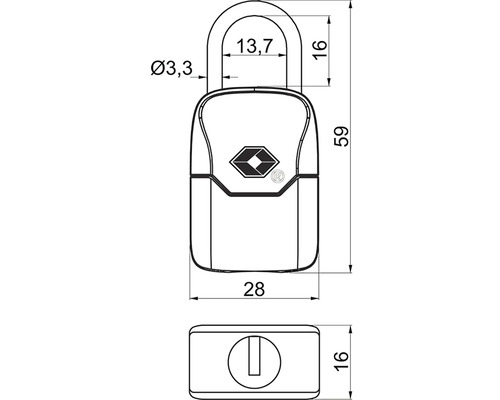 Technický výkres visiaceho zámku TSA s rozmermi