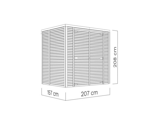 Obrázok kôlne na náradie s rozmermi 208 x 207 x 157 centimetrov.