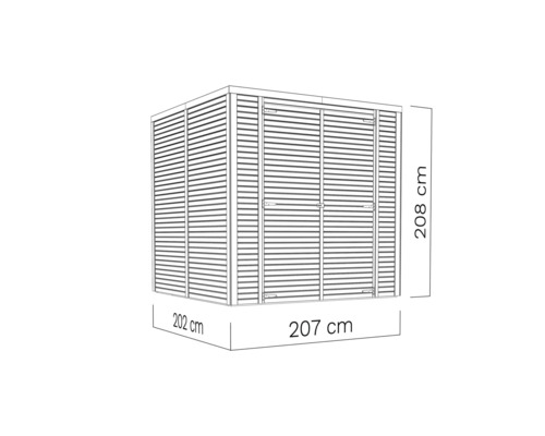 Ilustrácia záhradného domčeka s rozmermi 208 cm výška, 202 cm šírka a 207 cm hĺbka