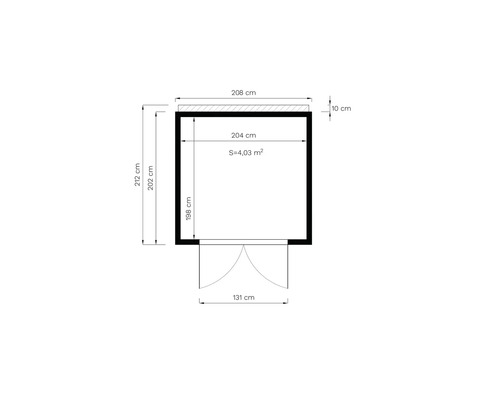 Pôdorys s rozmermi: šírka 208 cm, výška 212 cm, plocha 4,03 metra štvorcového