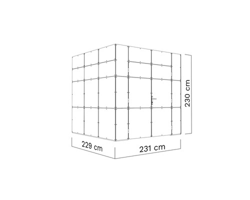 Technický nákres kabíny s rozmermi: 229 centimetrov, 231 centimetrov a 230 centimetrov.