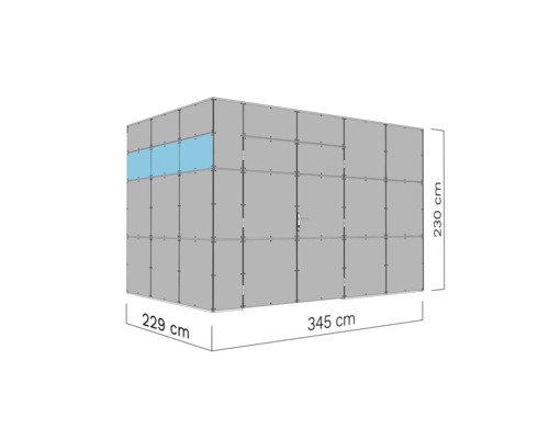 Pohľad na stavebnicu so šírkou 345 centimetrov, dĺžkou 229 centimetrov a výškou 230 centimetrov