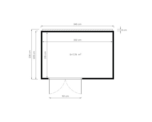 Pôdorys s rozmermi: šírka 345 cm, výška 236 cm, plocha 7,79 m²
