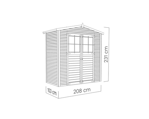 Záhradný domček s dvojkrídlovými dverami a oknom a rozmermi: 231 cm výška, 208 cm šírka a 103 cm hĺbka