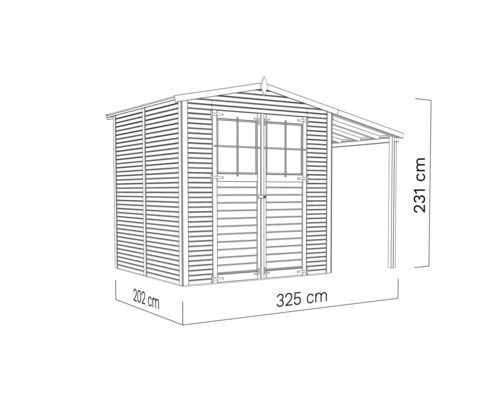 Drevený záhradný domček s dvojkrídlovými dverami, oknami a prístreškom, rozmery 202 cm x 325 cm x 231 cm