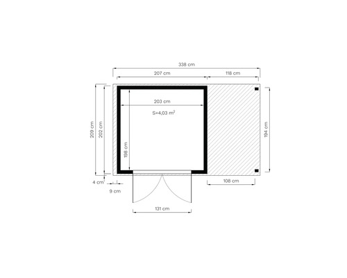 Pôdorys záhradného domčeka s rozmermi v centimetroch.