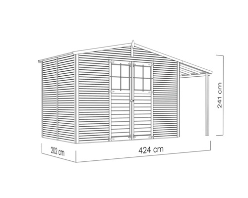 Obrázok záhradného domčeka s rozmermi 424 x 202 x 241 cm