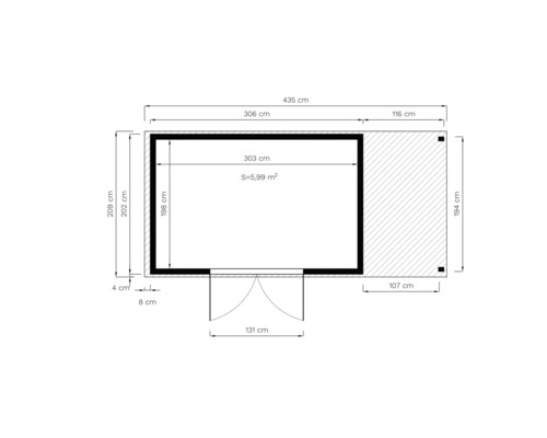 Pôdorys záhradného domčeka s rozmermi v centimetroch a metroch štvorcových