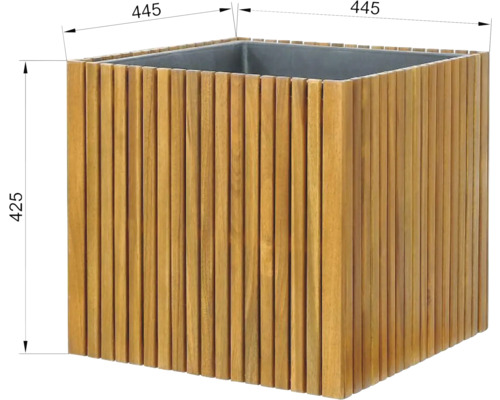Štvorcový drevený kvetináč s rozmermi 445 x 445 x 425 mm.