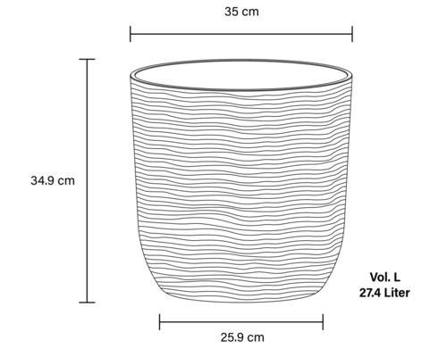 Nákres kvetináča so šírkou 35 cm, výškou 34,9 cm a objemom 27,4 litra
