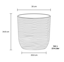 Technický nákres kvetináča s rozmermi 34,9 cm na výšku, 35 cm v priemere hore, 25,9 cm v priemere dole a objeme 27,4 litra