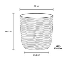 Technický nákres kvetináča s rozmermi 35 centimetrov v priemere hore, 25,9 centimetrov v priemere dole, 34,9 centimetrov na výšku a objemom 27,4 litra.