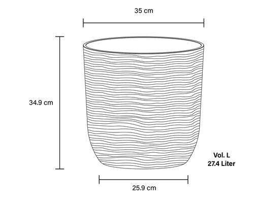 Technický nákres kvetináča s rozmermi 35 centimetrov v priemere hore, 25,9 centimetrov v priemere dole, 34,9 centimetrov na výšku a objemom 27,4 litra.