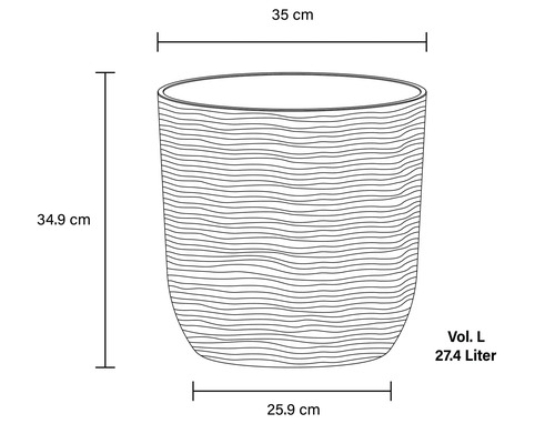Obrázok kvetináča s rozmermi 35 cm šírka, 34,9 cm výška, 25,9 cm hĺbka a objem 27,4 litra.