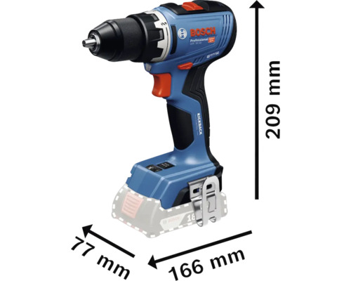 Akumulátorový vŕtací skrutkovač Bosch s rozmermi 209 mm výška, 166 mm dĺžka a 77 mm šírka.