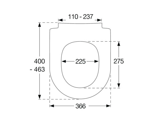 Technický nákres záchodovej dosky s rozmermi.