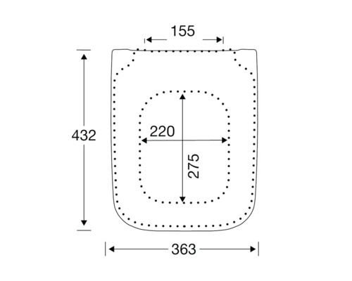 Technický nákres záchodovej dosky s rozmermi